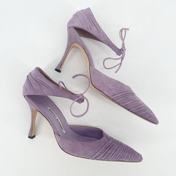 Manolo Blahnik Retro Lavender Suede Ruched Ankle Tie Pointed Toe Pump size IT 40 - Picture 4 of 11